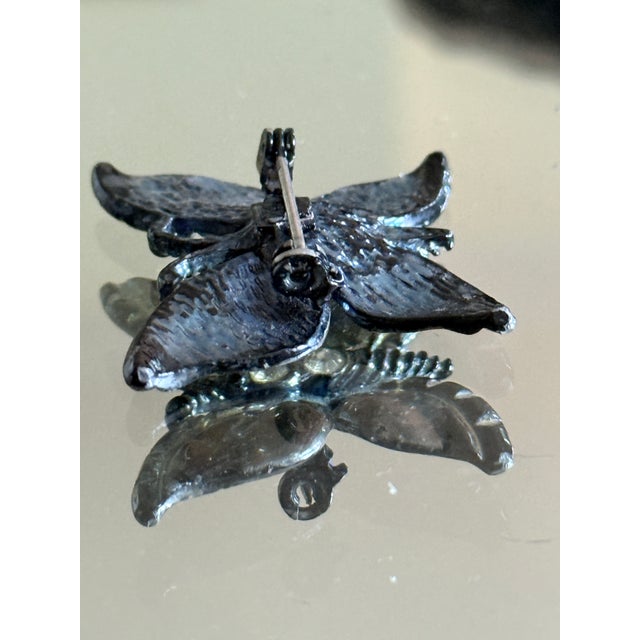 Metal Mid Century Gunmetal Butterfly Brooch With Iridescent Wing Panels For Sale - Image 7 of 8