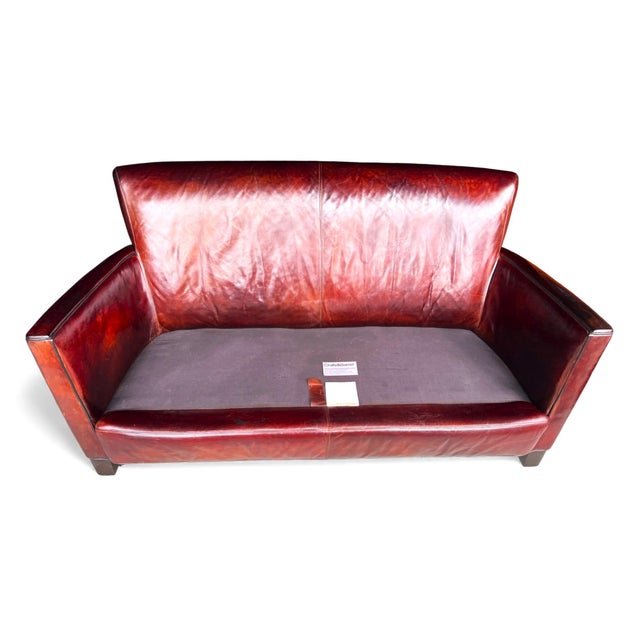 Crate & Barrel Vintage Hand-Dyed Burgundy Leather Loveseat With Rich Patina and Sloped Arms For Sale - Image 10 of 15