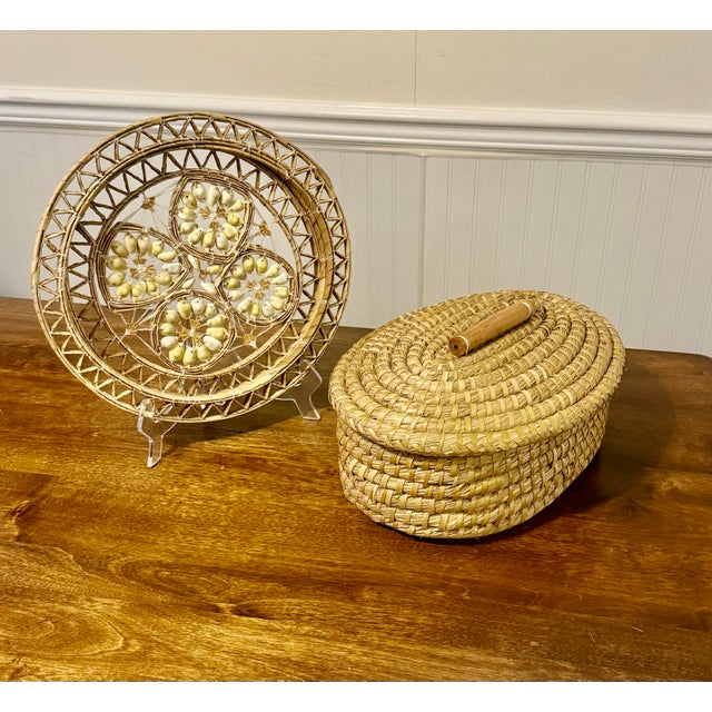 Late 20th Century Hand Woven Cowrie Shell Wall Hanging and Lidded Basket With Handle For Sale - Image 10 of 12