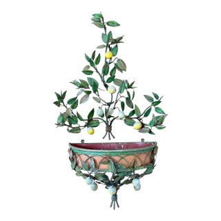 Rare Vintage Italian Tole Lemon Tree Wall Jardiniere With Five-Light Candelabra, Two-Piece Set For Sale