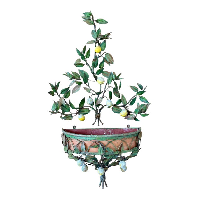 Rare Vintage Italian Tole Lemon Tree Wall Jardiniere With Five-Light Candelabra, Two-Piece Set For Sale