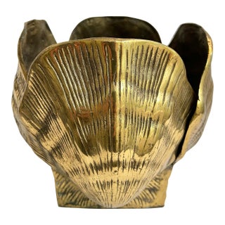 Mid 20th Century Solid Brass Palm Beach Clamshell Cache Pot or Planter For Sale