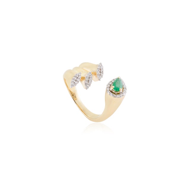 Pear Shape Emerald & Halo Diamond Open Wrap Ring Size 5.5 For Sale - Image 4 of 12