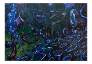 Abstract Acrylic Painting of a Microcosmic Realm "Purple and Blue Dissonance" 1969