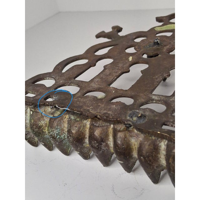 Antique Moroccan Jewish Hanukkah Menorah Lamp | 19th C North African Cast Brass For Sale In Boston - Image 6 of 11