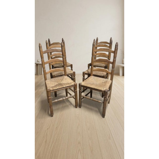 1940s Vintage Wooden Ladder-Back Dining Chairs with Woven Seats, 1940s, Set of 6 For Sale - Image 5 of 11