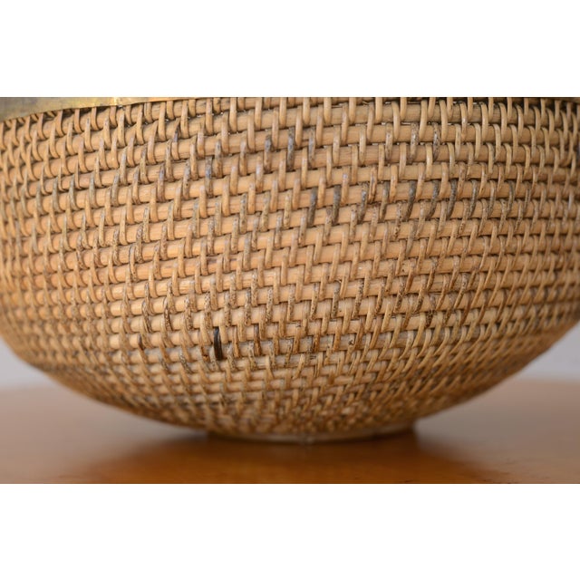 Wood Vintage 1970s 15" Brass-Rimmed Rattan Basket Bowl For Sale - Image 7 of 12