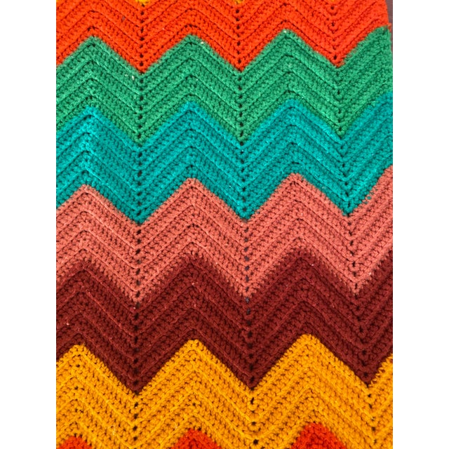 Textile Vintage 1970s Multicolor Chevron Crocheted Throw Blanket For Sale - Image 7 of 7