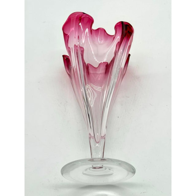 Mid-Century Modern Signed Steuben Floriform Ruffled Cranberry Rim Fading to Clear 9.5"h X 5.5"w For Sale - Image 3 of 6