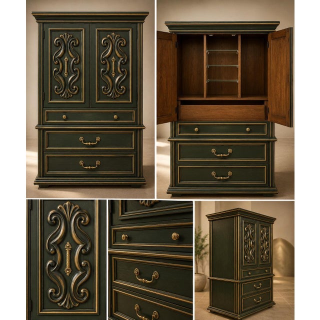Mid 20th Century Vintage Mediterranean Revival Gentleman’s Dry Bar Cabinet in Onyx Emerald & Gilded Brass For Sale - Image 5 of 6