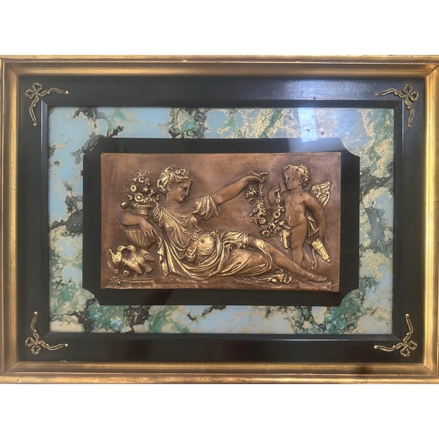 Vintage Bronze Bas Relief Framed Wall Plaque Featuring Woman and Cherub For Sale - Image 9 of 10