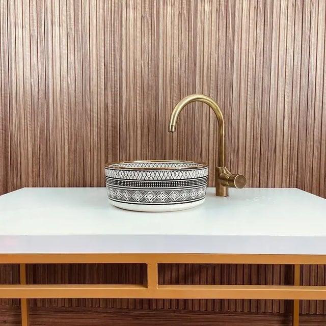 Ghlali' 14k Gold Ceramic Bathroom Countertop Round Sink, Handmade For Sale - Image 4 of 6