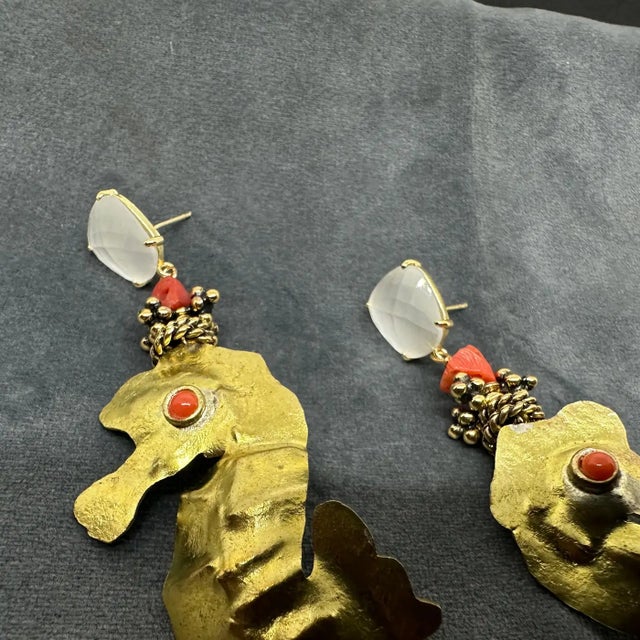 21st Century Hammered Brass and Mediterranean Coral Seahorse Dangle Earrings For Sale - Image 6 of 9