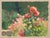 This gouache on paper artwork captures a vibrant rose bush amidst a lush garden, with blooms rendered in warm hues of...