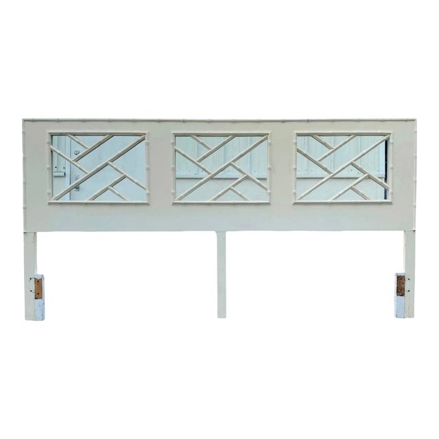 White Faux Bamboo Fretwork King Headboard with Mirrored Back For Sale