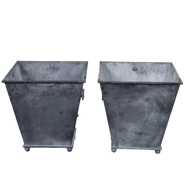 Pair of Industrial Style Grey Metal Planters with Tapered Lines and Ring Pulls For Sale - Image 4 of 11