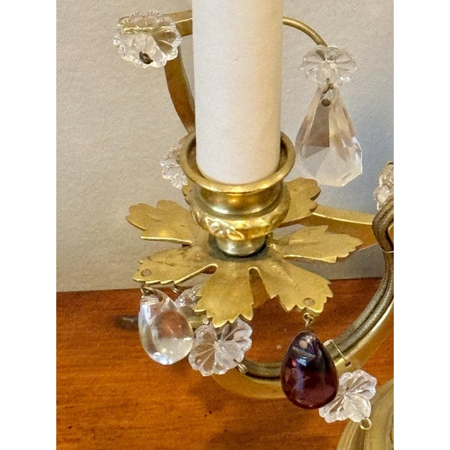 Pair Antique Bronze French Amethyst Crystal Candelabra Lamp Girandoles Lyre Back For Sale - Image 4 of 8