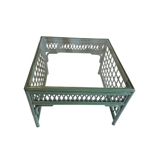 1970s 1970s Palm Beach Style Custom Emerald Lacquered Bamboo & Double Lattice Coffee Table For Sale - Image 5 of 10
