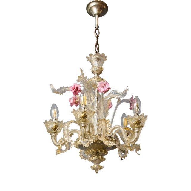 Venetian Five-Arm Murano Glass Chandelier For Sale
