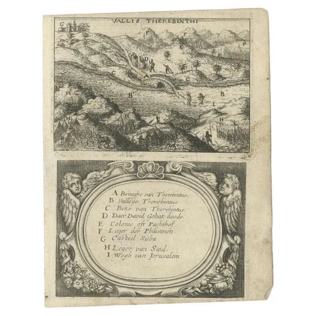 Antique print titled 'Vallis Therebinthi'. Old print of the Valley of Terebinthus, below a decorative cartouche with...