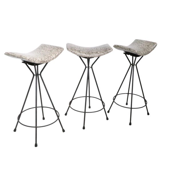 Set of Three Mid 20th Century Swivel Bar Stools in New Faux Python Vinyl Upholstery For Sale - Image 9 of 18