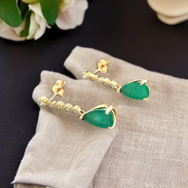 Natural Emerald Diamond Dangle Earrings 14k Y Gold 2.23 TCW Certified For Sale - Image 11 of 11