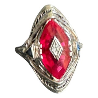 Art Deco 14k White Gold Cocktail Ring Marquis Lab Ruby Filigree Setting Vintage Size 8 For Sale