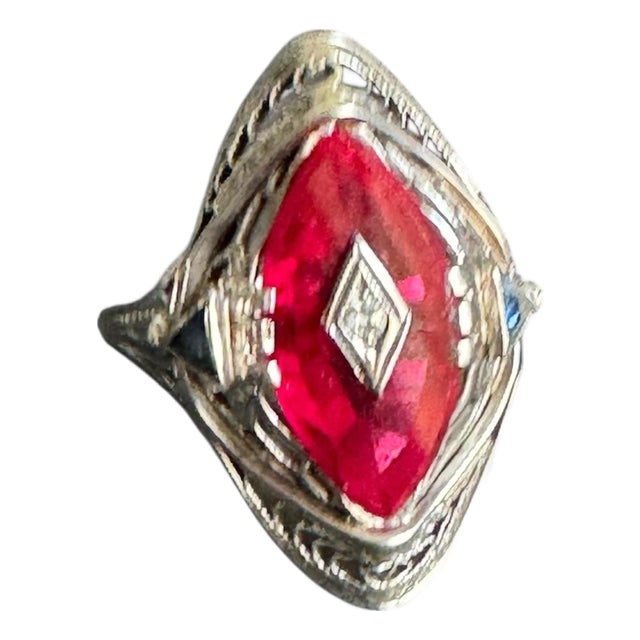 Art Deco 14k White Gold Cocktail Ring Marquis Lab Ruby Filigree Setting Vintage Size 8 For Sale