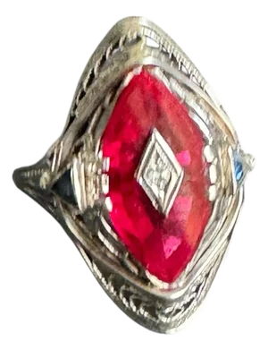 Art Deco 14k White Gold Cocktail Ring Marquis Lab Ruby Filigree Setting Vintage Size 8