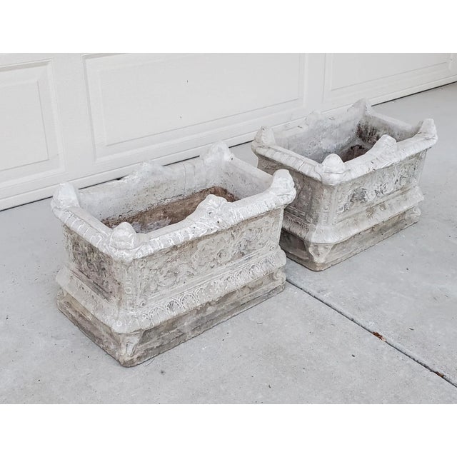 Antique English Weathered Stone Concrete Scroll and Acanthus Leaf Motif Garden Planters - Set of 2 For Sale - Image 4 of 12