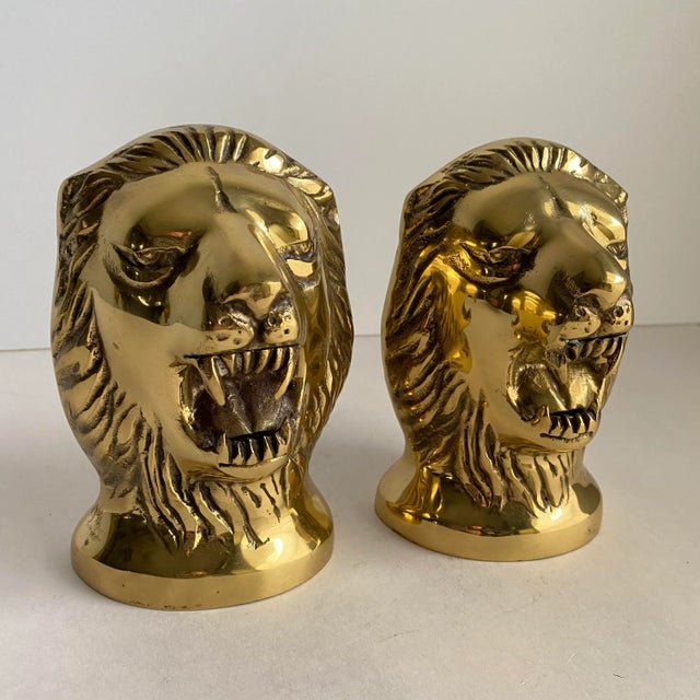 Vintage 1970s Brass Lion Head Bookends A Pair These guys have a great roaring expression and the brass is still bright and...