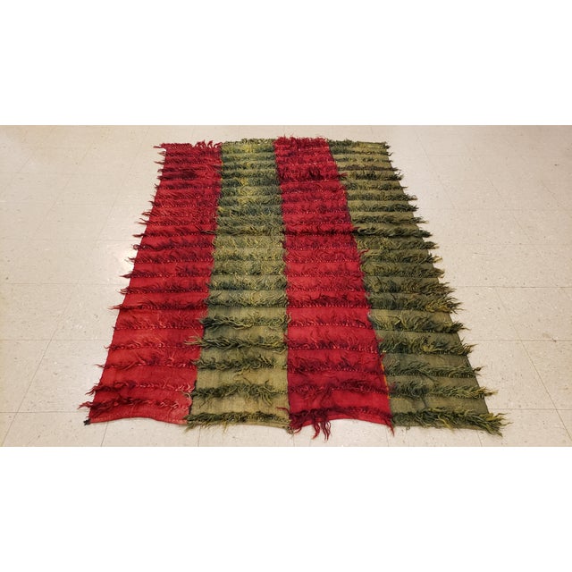 Vintage Turkish Tulu Rug, Long hair Angora wool, Green and Red For Sale - Image 11 of 13