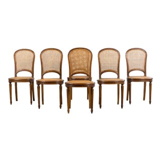 Antique French Louis XVI Style Walnut and Cane Dining Chairs - Set of 6 For Sale