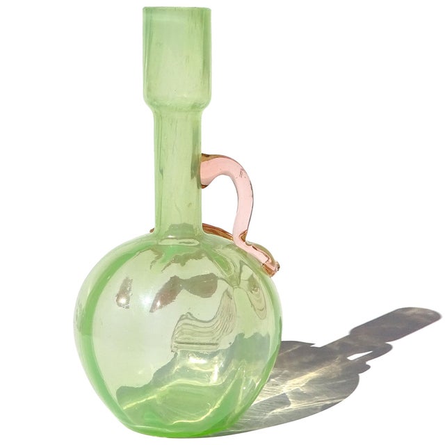 Antique Uranium Reactive Glass Vaseline Art Glass Flower Vase With Applied Vine Leafs and Flower Buds For Sale In Orlando - Image 6 of 11