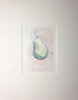 Pears Blushing-03 Modern Still Life Monoprint Green Pink Grey by Carrie Bergey