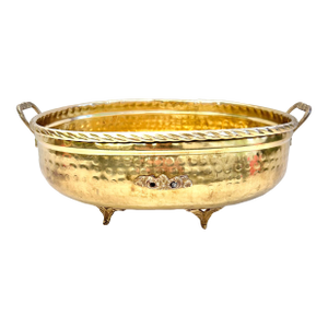 Vintage Hammered Brass Oval Cachepot Planter With Handles & Claw Feet