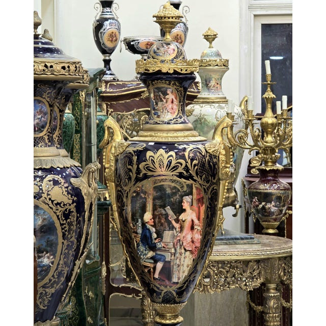 Sevres-Style Porcelain Vases With Pedestals – Hand-Painted Gilt Bronze, Pair For Sale - Image 11 of 14