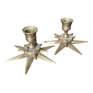 Mid 20th Century Vintage Brass Star Candle Holders - a Pair For Sale