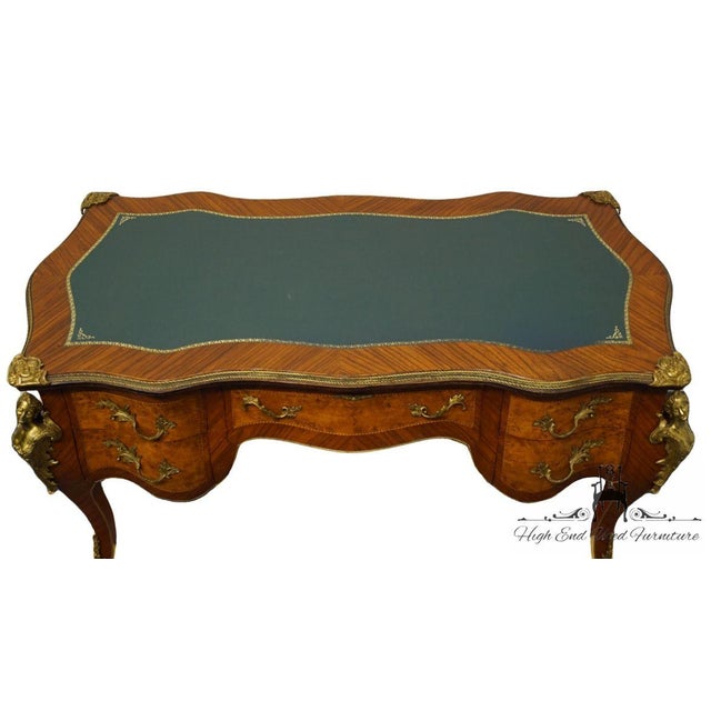 Brown Vintage French Provincial Louis XV Burled Walnut & Kingwood Bureau Plat / Executive Desk W. Tooled Leather Top & Gilt Figural Mounts For Sale - Image 8 of 11