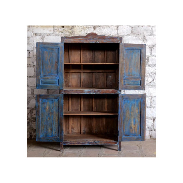 1920s Antique Floral Carved Armoire – Distressed Blue Cabinet With Brass Stud Detailing 70x36 For Sale - Image 5 of 7