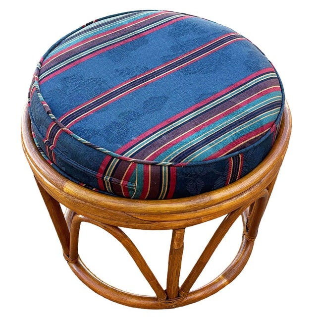 1950s Restored Rattan Footstool With Striped Jacquard Navy Cushion For Sale - Image 4 of 6