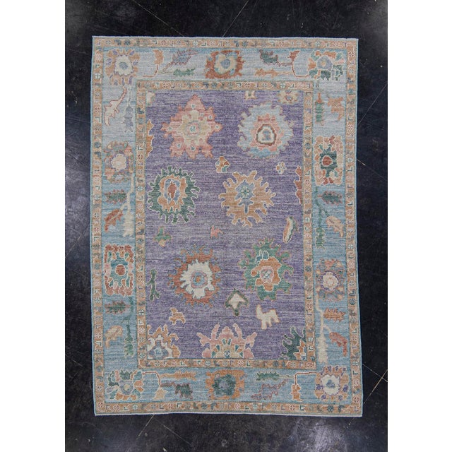 Turkish Oushak Rug Purple & Blue Floral Handwoven Wool Rug 4'11" X 6'10" For Sale - Image 9 of 9