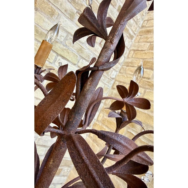 Vintage Italian Tôle Chandelier With Rustic Metal Leaves and Floral Motifs Accented With Crystals, 6 Lights For Sale - Image 11 of 12