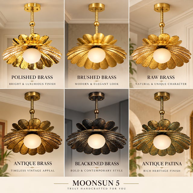 Handmade Brass Flower Chandelier, Hammered Lotus Ceiling Light, Floral Pendant Fixture, Art Deco Lighting for Living Room and Bedroom For Sale - Image 10 of 13