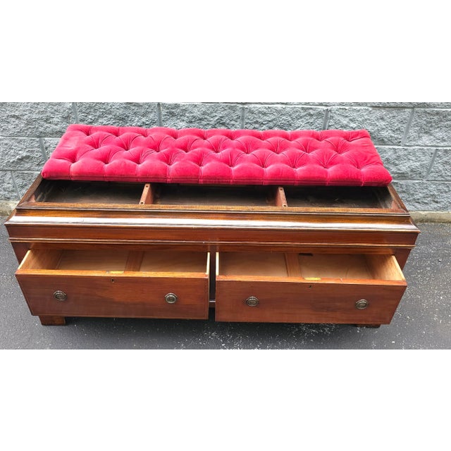 Mid 19th Century 19th Century Mahogany Inlaid and Tufted Velvet Two-Drawer Storage Bench For Sale - Image 5 of 10