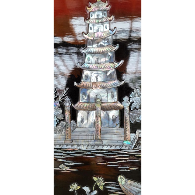 Wall Plaque Pagoda With Mother of Pearl & Lacquer Vietnamese 1970's For Sale - Image 4 of 9