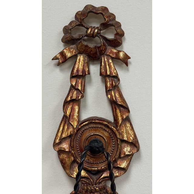 Vintage Ribbon and Tassel Motif Gilt Wood and Twist Iron Wall Candle Sconce For Sale - Image 4 of 6