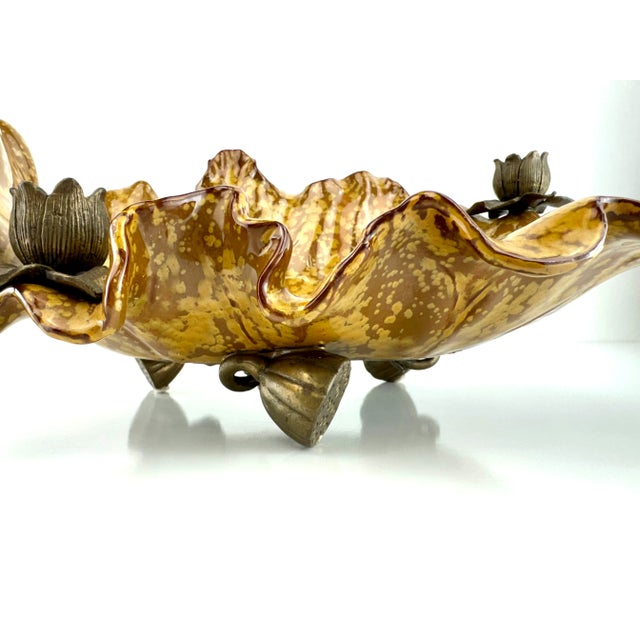 Metal Vintage Mid Century Castilian Imports Ruffled Ceramic Lotus Bowl With Bronze Accents For Sale - Image 7 of 14