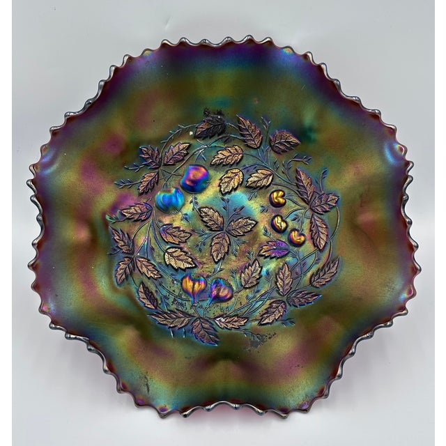 Carnival Glass Northwood Three Fruits Medallion Amethyst Footed Bowl For Sale - Image 9 of 9