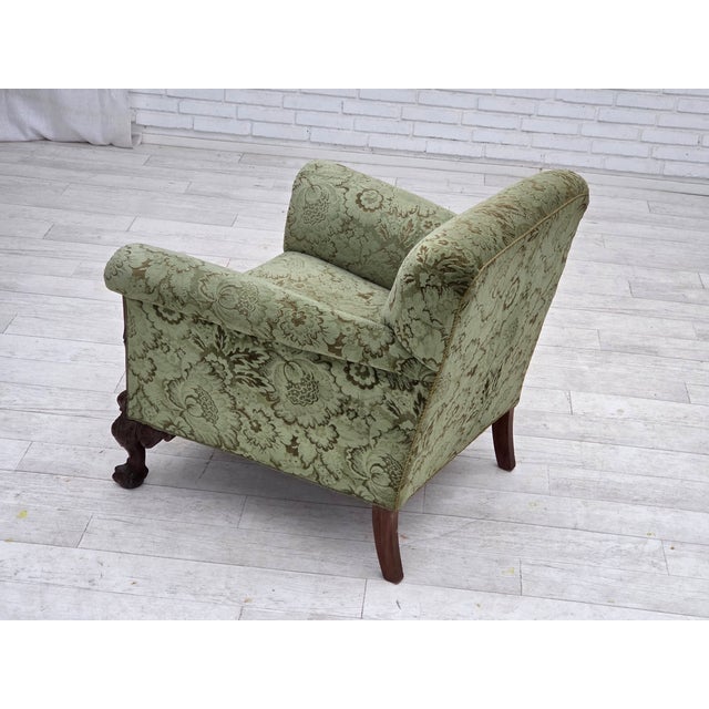 Danish Armchair in Green Velour and Carved Oak, 1950s For Sale - Image 17 of 18